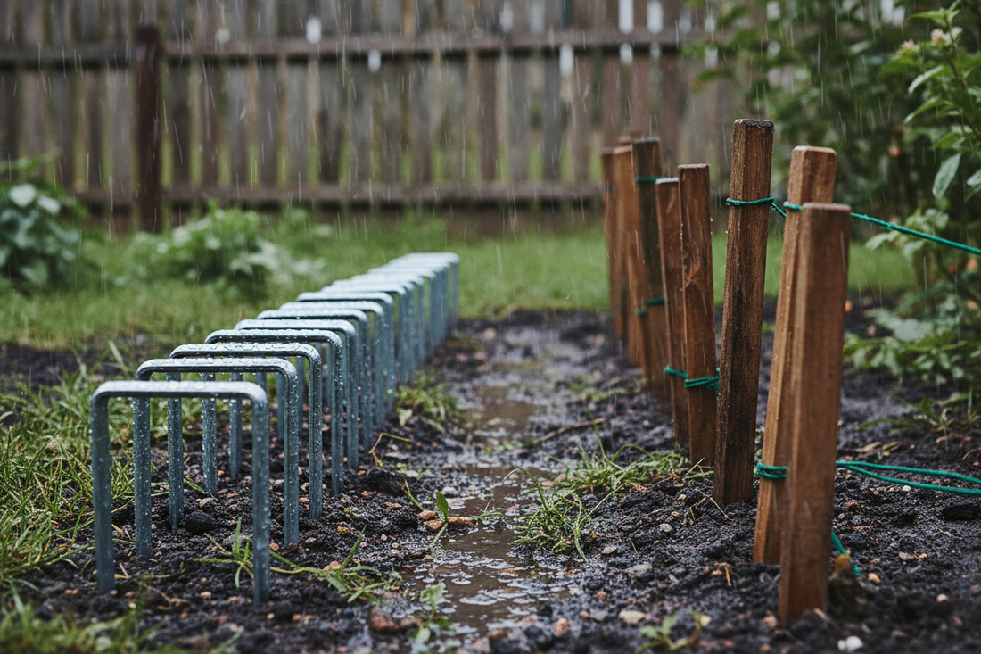 Landscape staples and garden stakes comparison in rainy outdoor conditions showing heavy-duty metal anchoring hardware