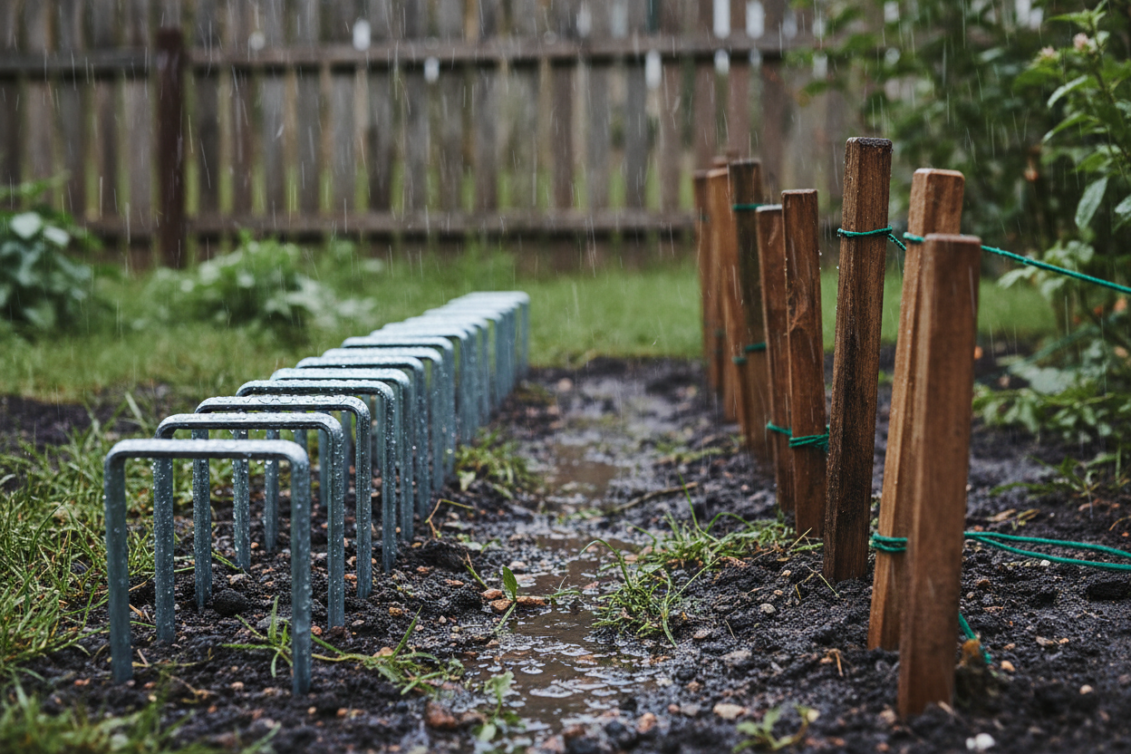 Landscape staples and garden stakes comparison in rainy outdoor conditions showing heavy-duty metal anchoring hardware
