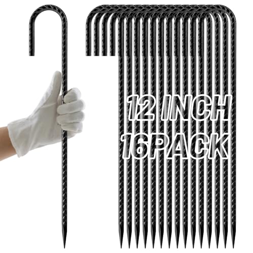 AAGUT 12-Inch Black J-Hook Rebar Stakes, heavy duty ground anchors with rust-resistant coating