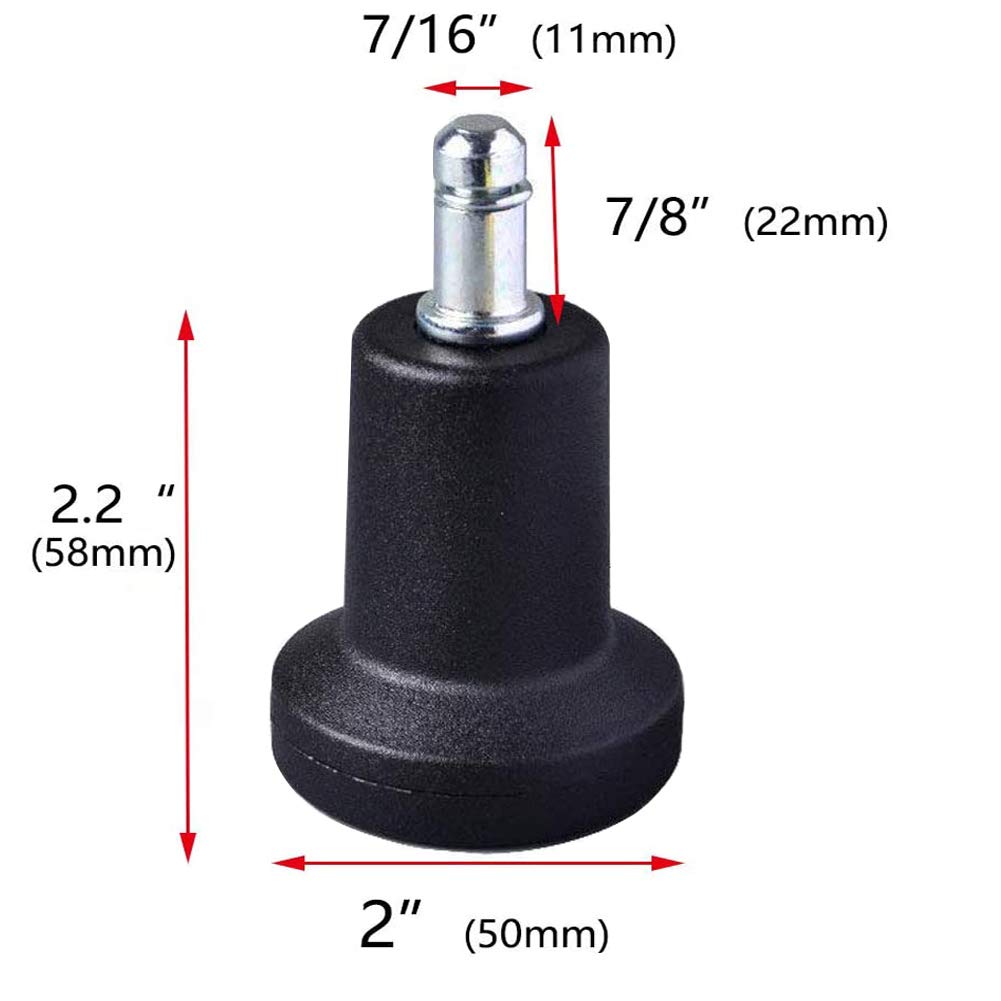 Set of 5 AAGUT bell glides for office chairs, matte black finish with 7/16 inch stem, shown next to a removed caster wheel.