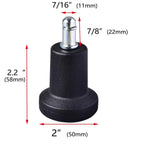 Set of 5 AAGUT bell glides for office chairs, matte black finish with 7/16 inch stem, shown next to a removed caster wheel.