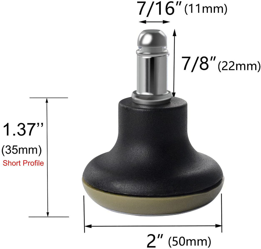 Close-up side view showing the precise 7/16” x 7/8” stem dimensions of the chair glide, highlighting universal compatibility.