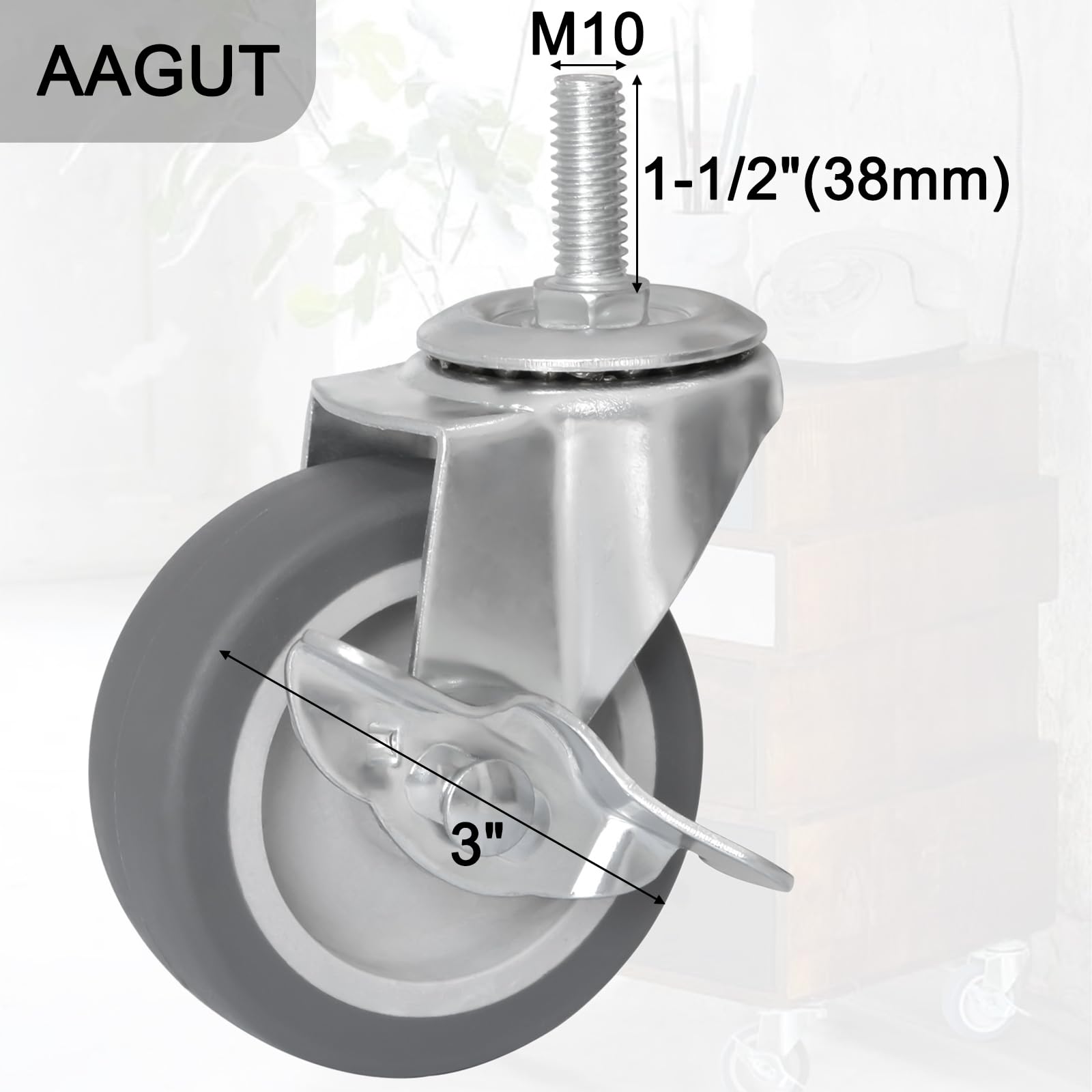 AAGUT set of 4 heavy-duty 3-inch locking casters with non-marking TPR rubber wheels, steel body, and dual-lock brake.