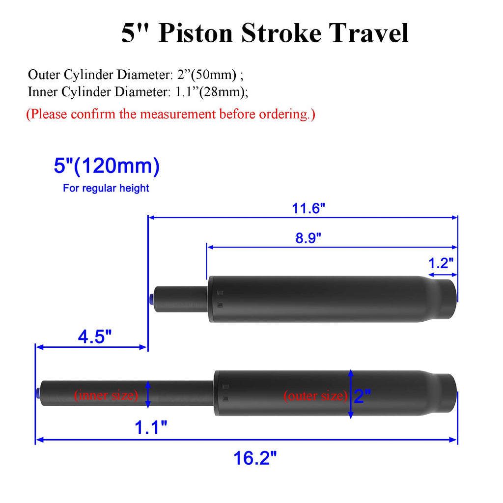 Close-up of the 2-inch (50mm) diameter base sleeve and 1.1-inch top pole of the chair gas cylinder, showing universal fit.