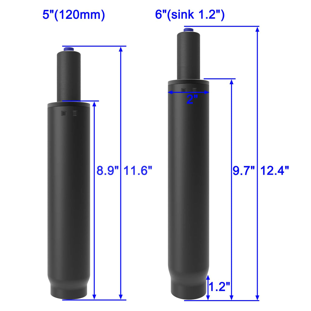 Close-up of the 2-inch (50mm) diameter base sleeve and 1.1-inch top pole of the chair gas cylinder, showing universal fit.