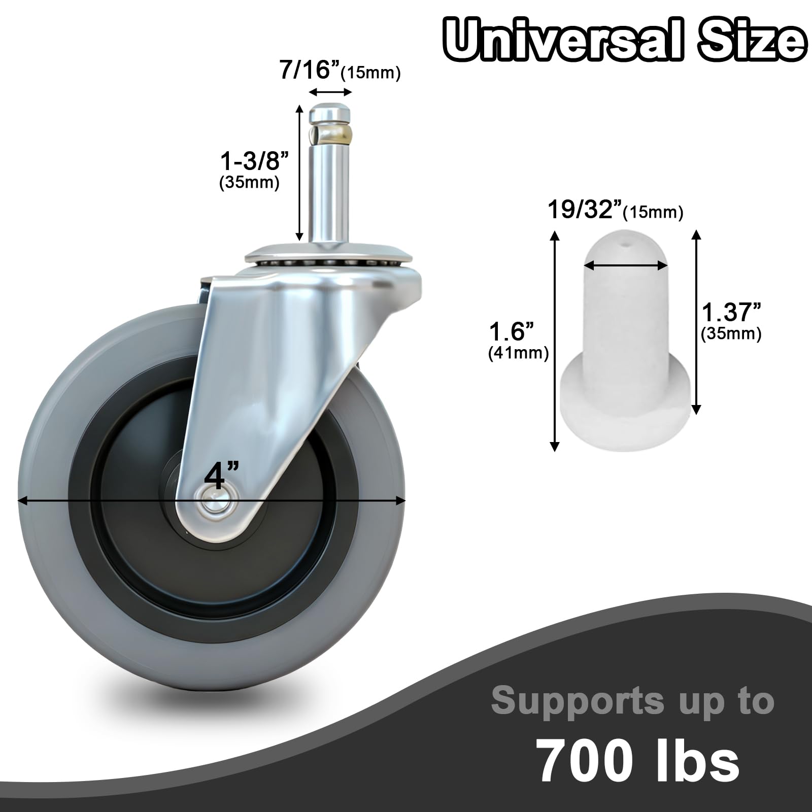 Set of four AAGUT 4-inch TPR caster wheels with 7/16-inch grip-ring stems and white plastic sockets, perfect for easy replacement.
