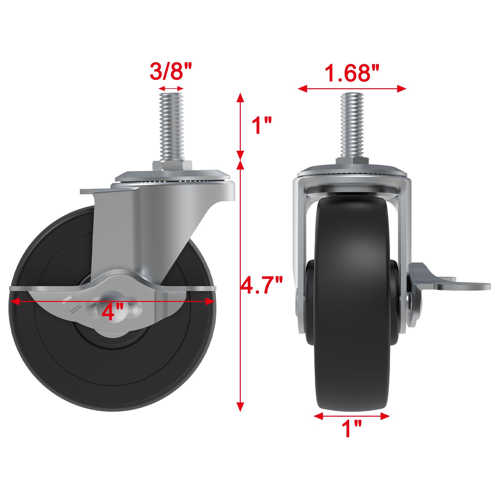 AAGUT set of 4 heavy-duty 4-inch swivel casters with threaded stems and brake locks