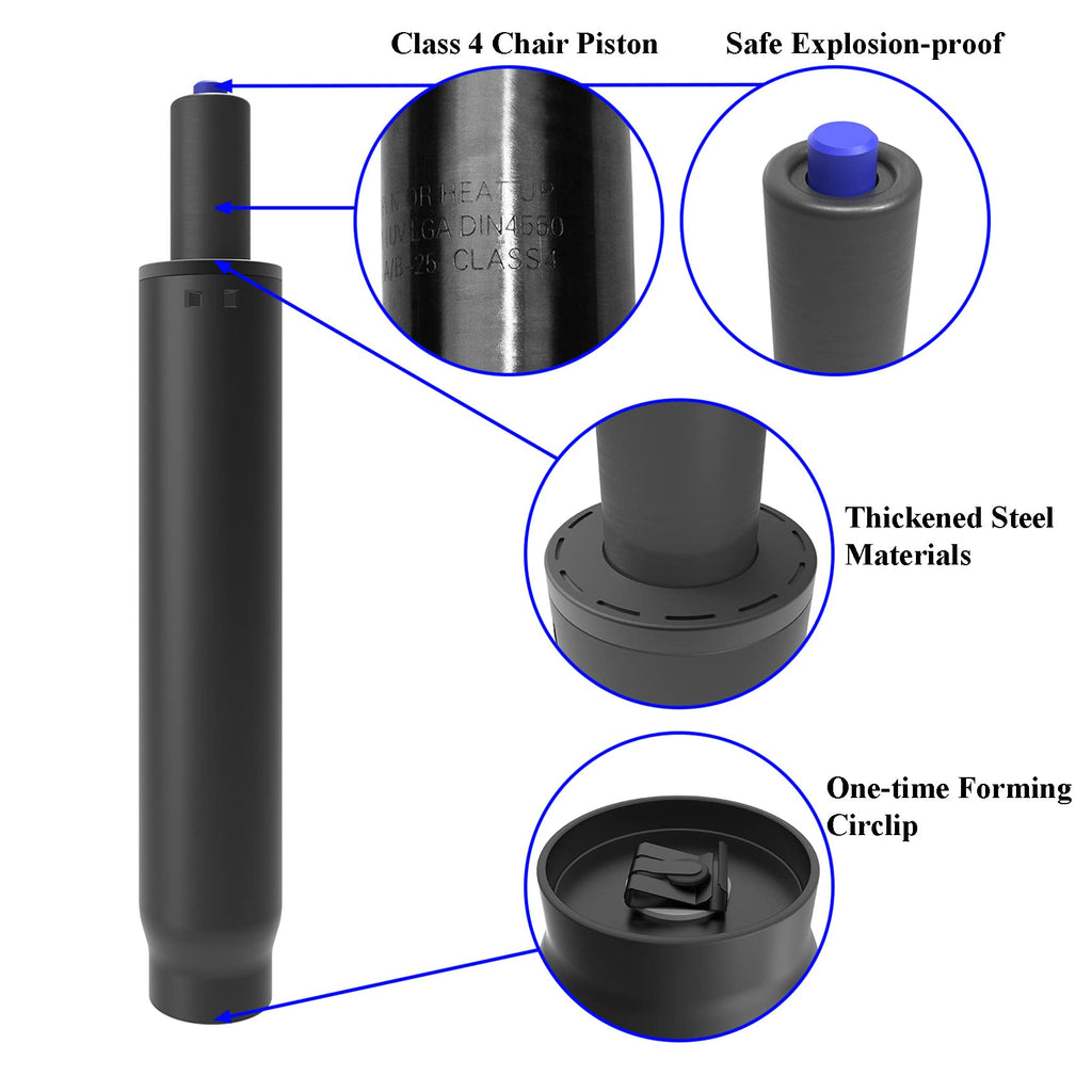 Close-up of the 2-inch (50mm) diameter base sleeve and 1.1-inch top pole of the chair gas cylinder, showing universal fit.