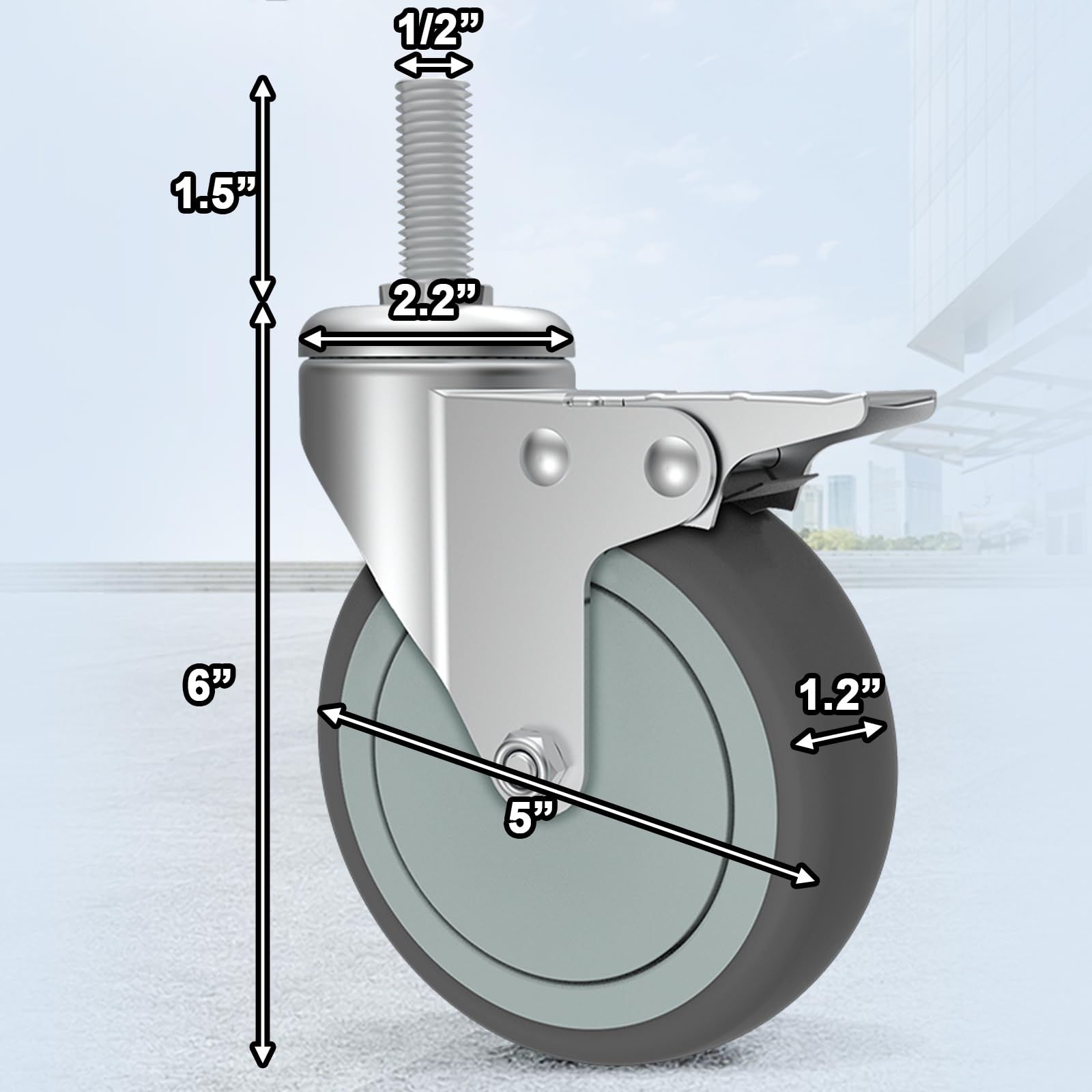 Size diagram showing 5-inch diameter wheel and 1-1/2 inch long 1/2"-13 threaded stem of the caster