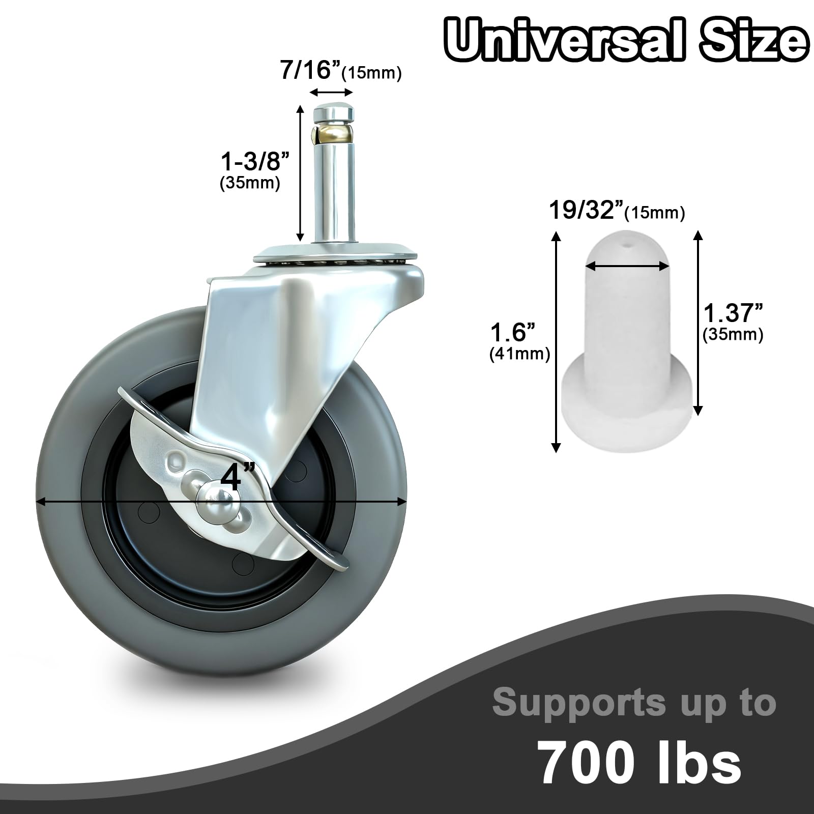 Set of four AAGUT 4-inch TPR caster wheels with 7/16-inch grip-ring stems and white plastic sockets, perfect for easy replacement.