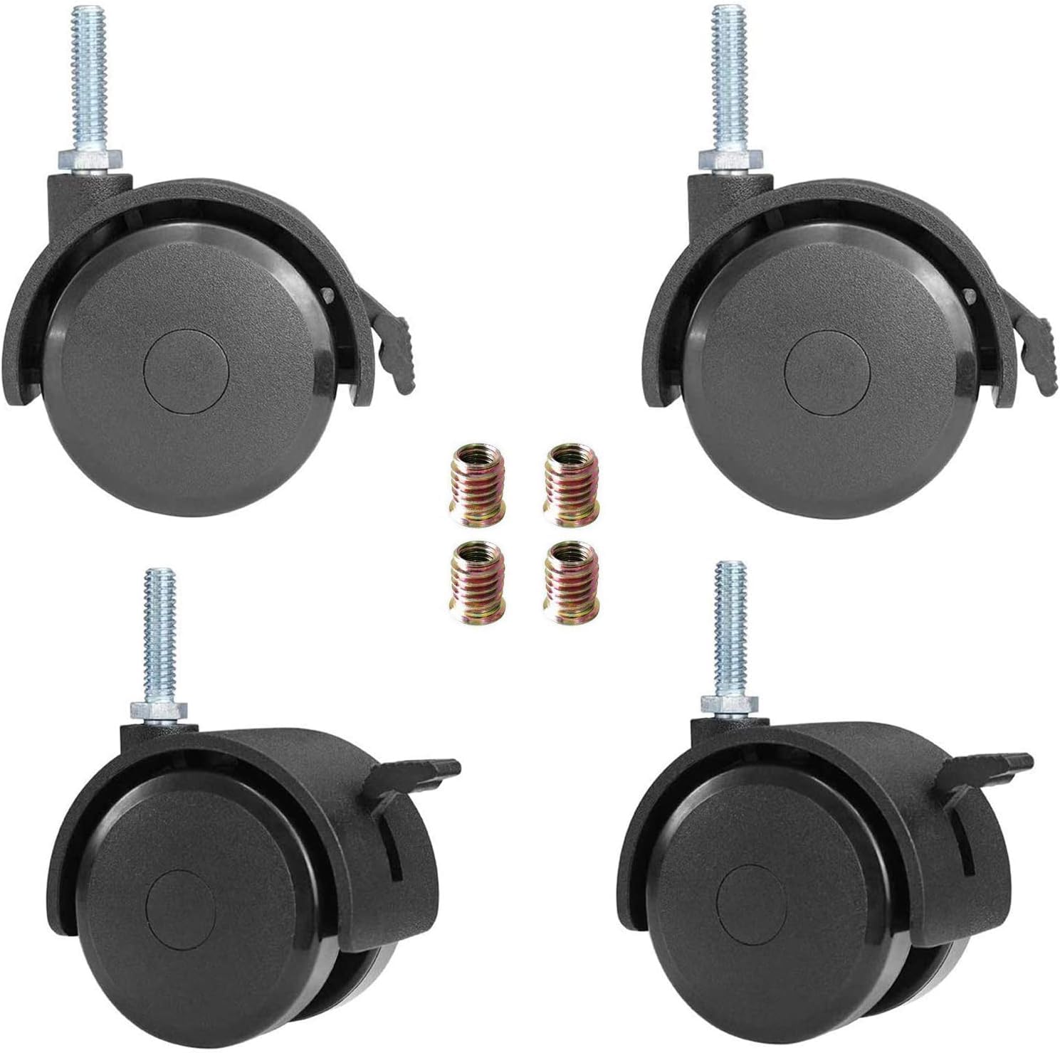 Pack of 4 black swivel casters with threaded stem and locking brake, arranged on a white background.