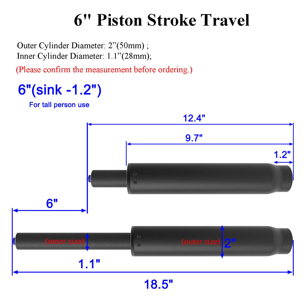 showing the 5-inch and 6-inch stroke length options for the AAGUT chair cylinder replacement, with extended and compressed height dimensions.