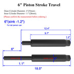 showing the 5-inch and 6-inch stroke length options for the AAGUT chair cylinder replacement, with extended and compressed height dimensions.