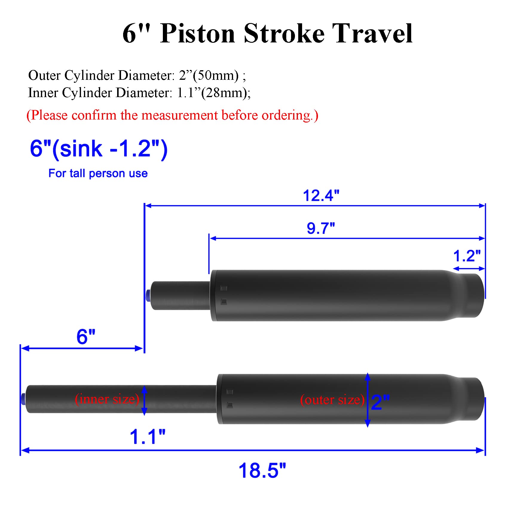 showing the 5-inch and 6-inch stroke length options for the AAGUT chair cylinder replacement, with extended and compressed height dimensions.
