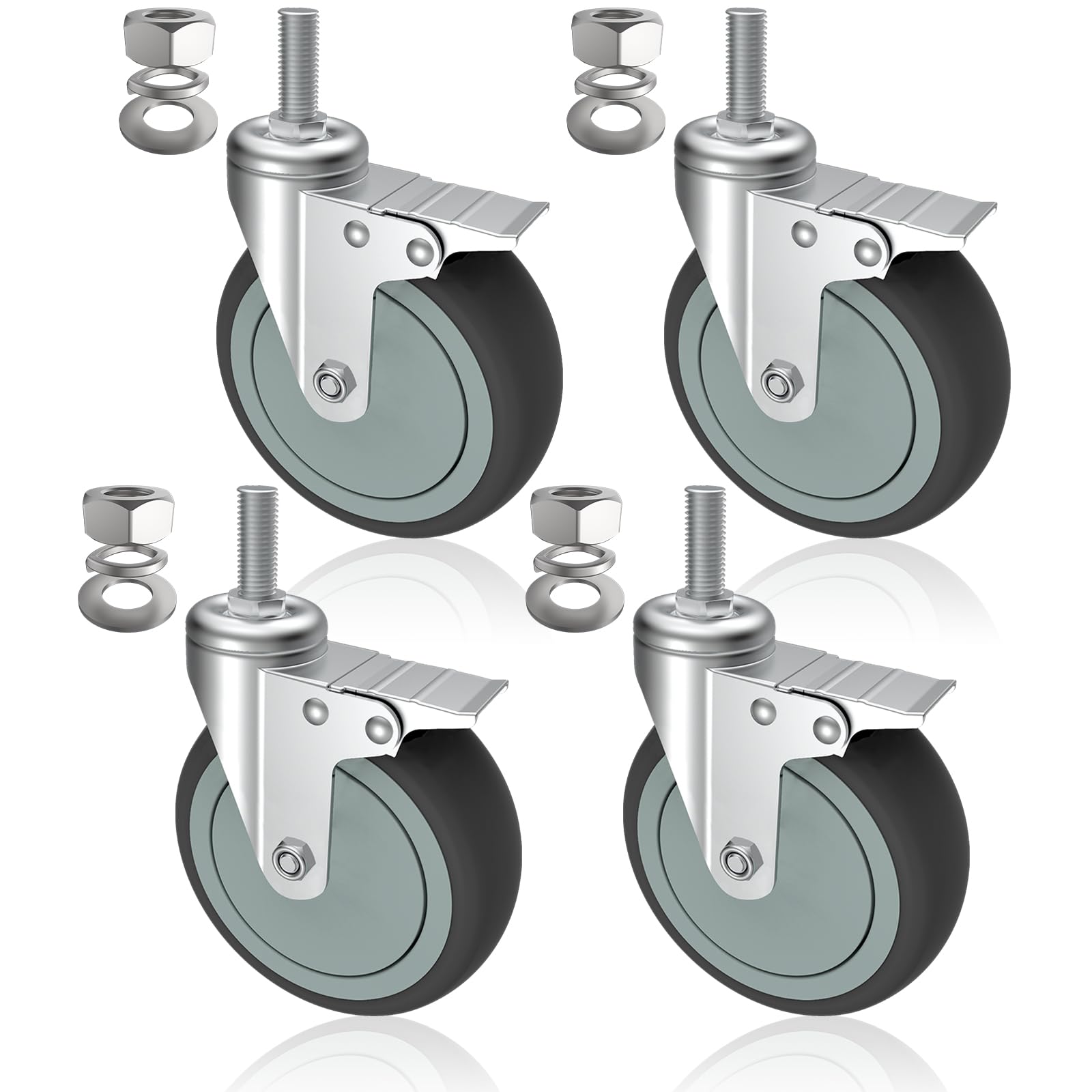 AAGUT Set of 4 Heavy-Duty 5-Inch Brake Stem Casters with 1/2"-13 Threaded Stem and Locking Nut