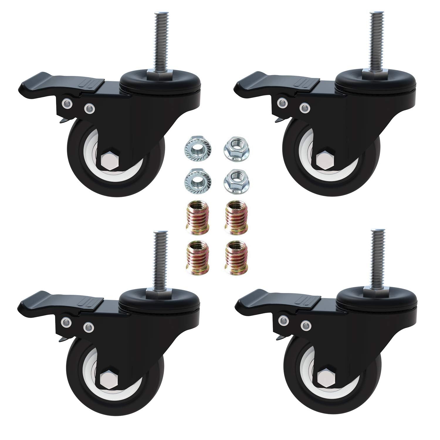 AAGUT 1.5-Inch M8 Threaded Stem Caster with Double Brake and PU Wheel