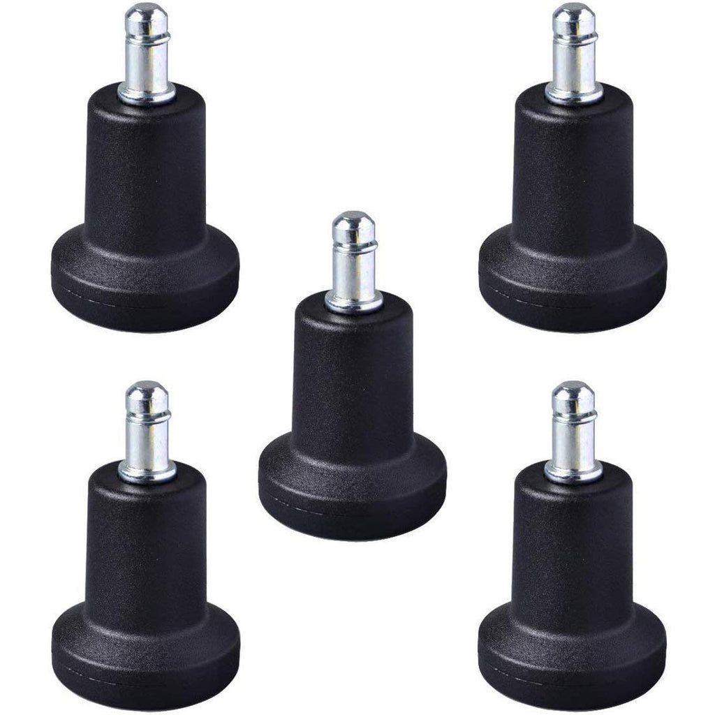 Set of 5 AAGUT bell glides for office chairs, matte black finish with 7/16 inch stem, shown next to a removed caster wheel.