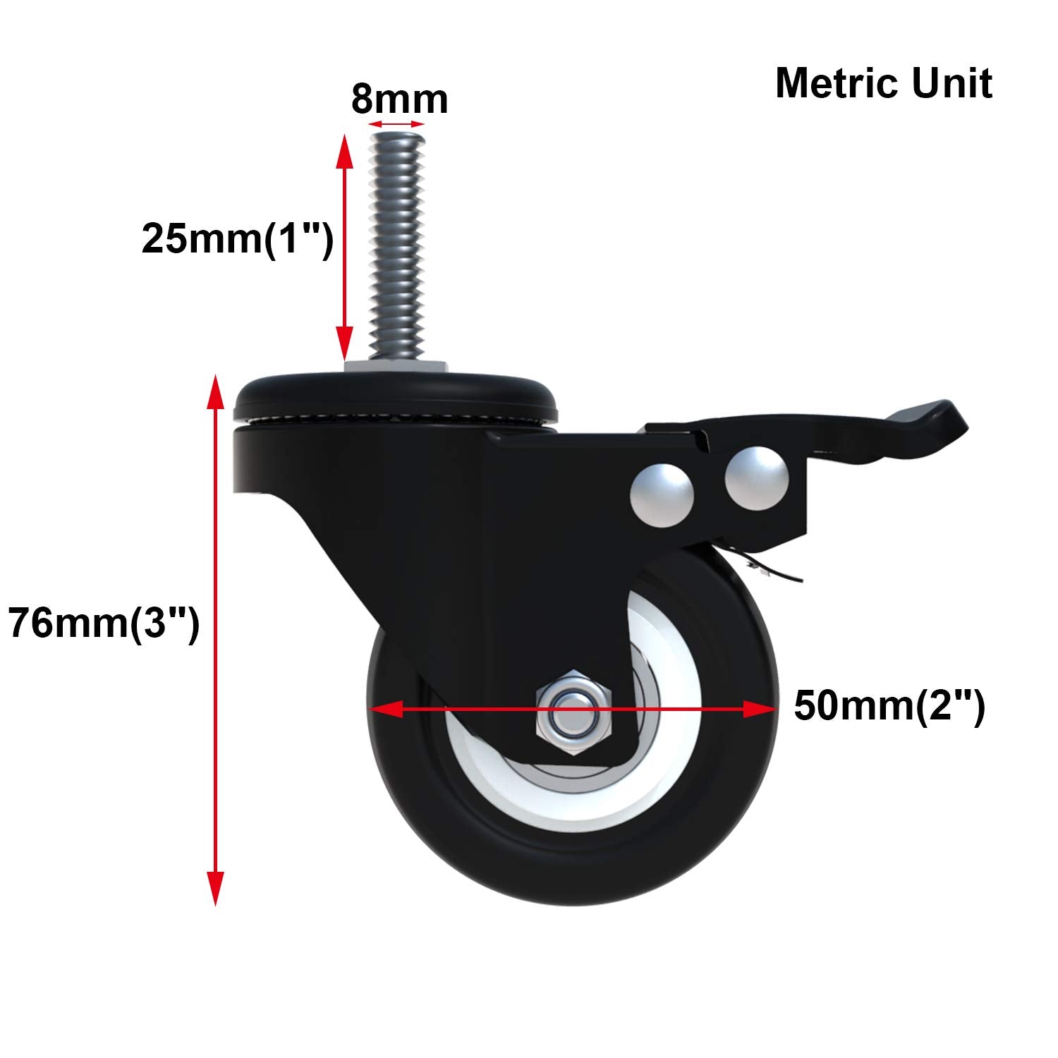 AAGUT 2-Inch M8 Threaded Stem Caster with Double Brake and PU Wheel