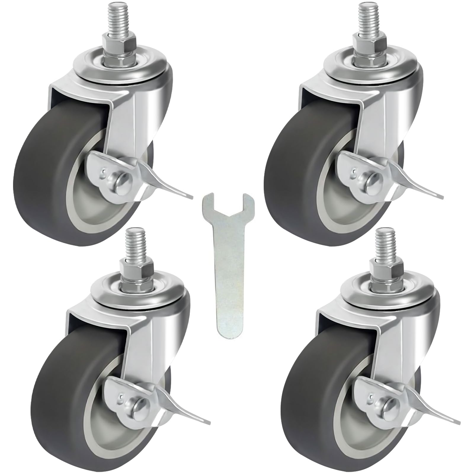 AAGUT set of 4 heavy-duty 3-inch swivel casters with threaded stems and locking brakes, shown with mounting hardware.