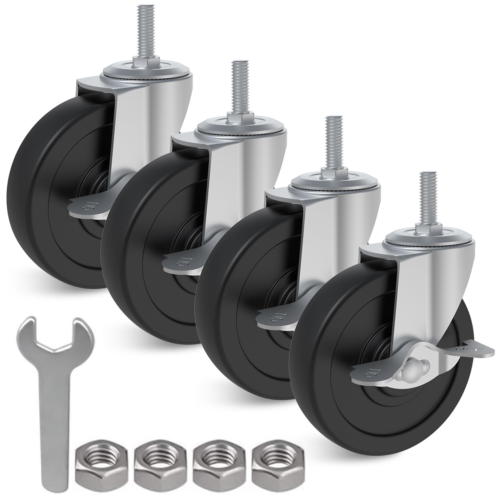 AAGUT set of 4 heavy-duty 4-inch swivel casters with threaded stems and brake locks