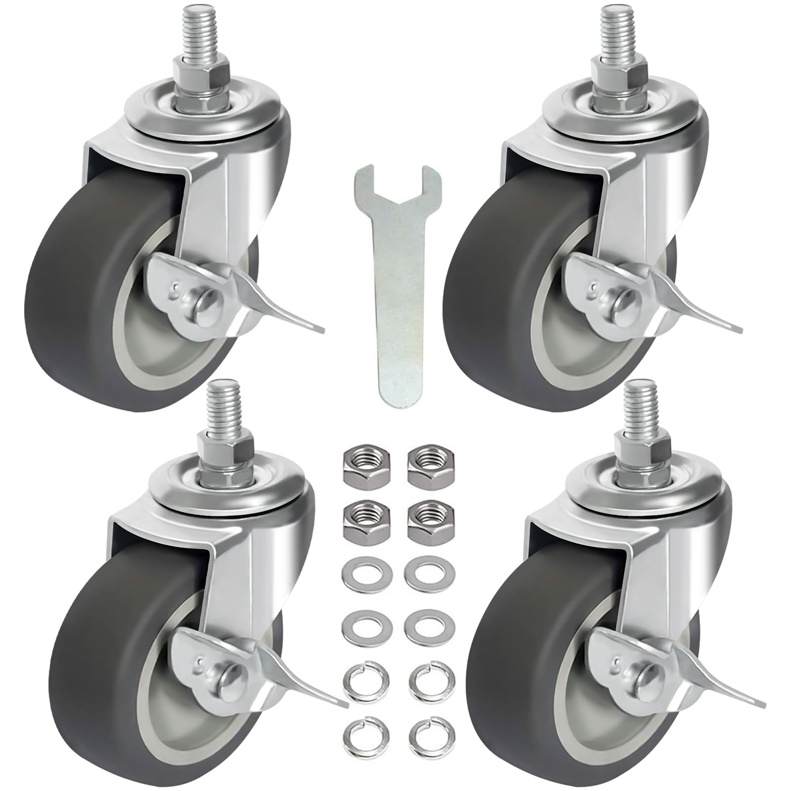 AAGUT set of 4 heavy-duty 3-inch swivel casters with threaded stems and locking brakes, shown with mounting hardware.