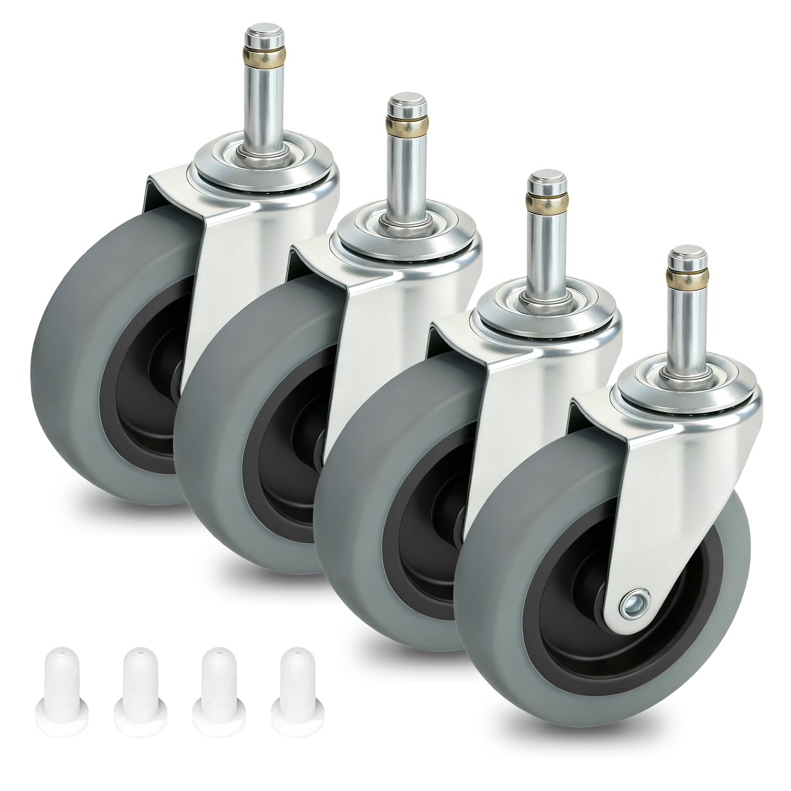 Set of four AAGUT 4-inch TPR caster wheels with 7/16-inch grip-ring stems and white plastic sockets, perfect for easy replacement.