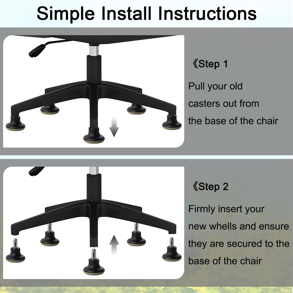 Hand pressing a AAGUT bell glide stem into an empty chair base socket, demonstrating the tool-free installation.
