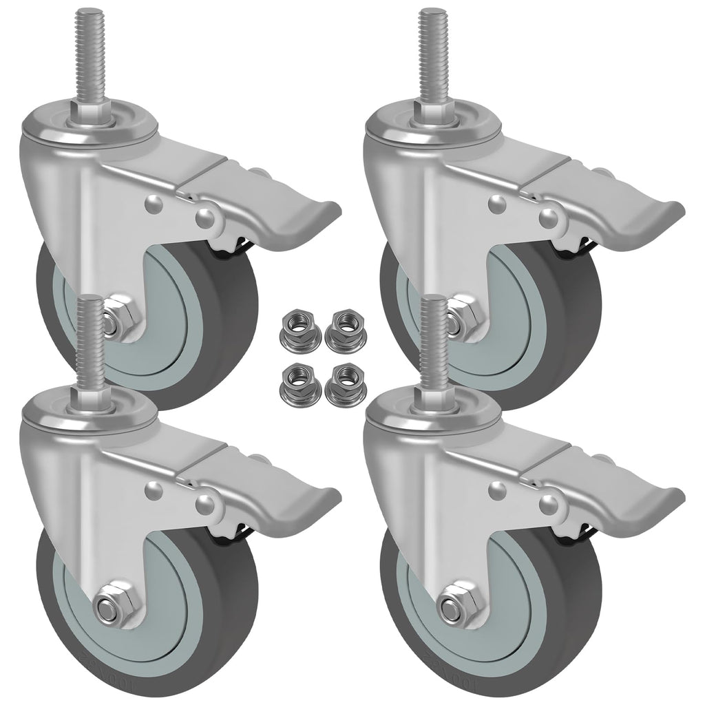 AAGUT Set of 4 Heavy-Duty 5-Inch Brake Stem Casters with 1/2"-13 Threaded Stem and Locking Nut