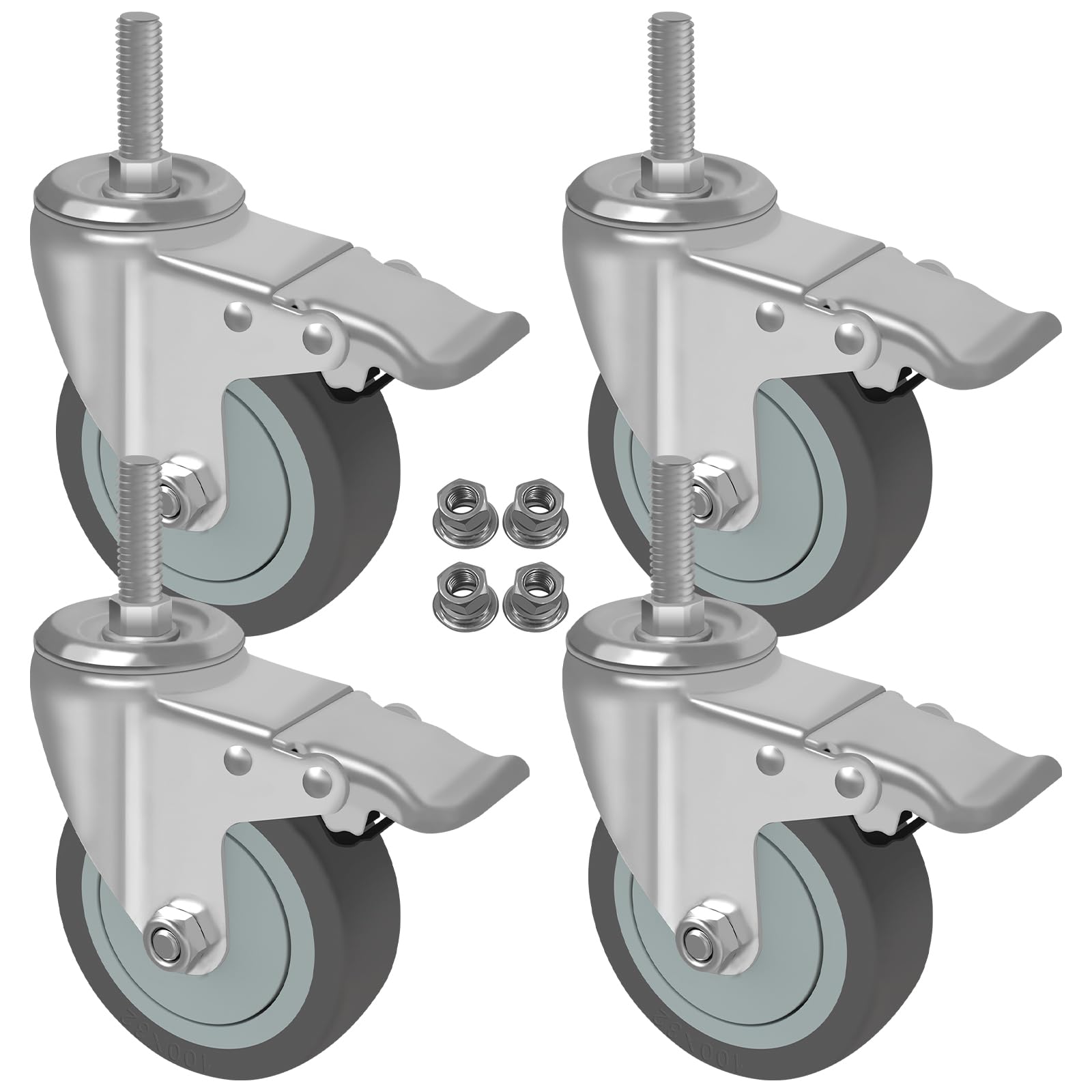 AAGUT Set of 4 Heavy-Duty 5-Inch Brake Stem Casters with 1/2"-13 Threaded Stem and Locking Nut