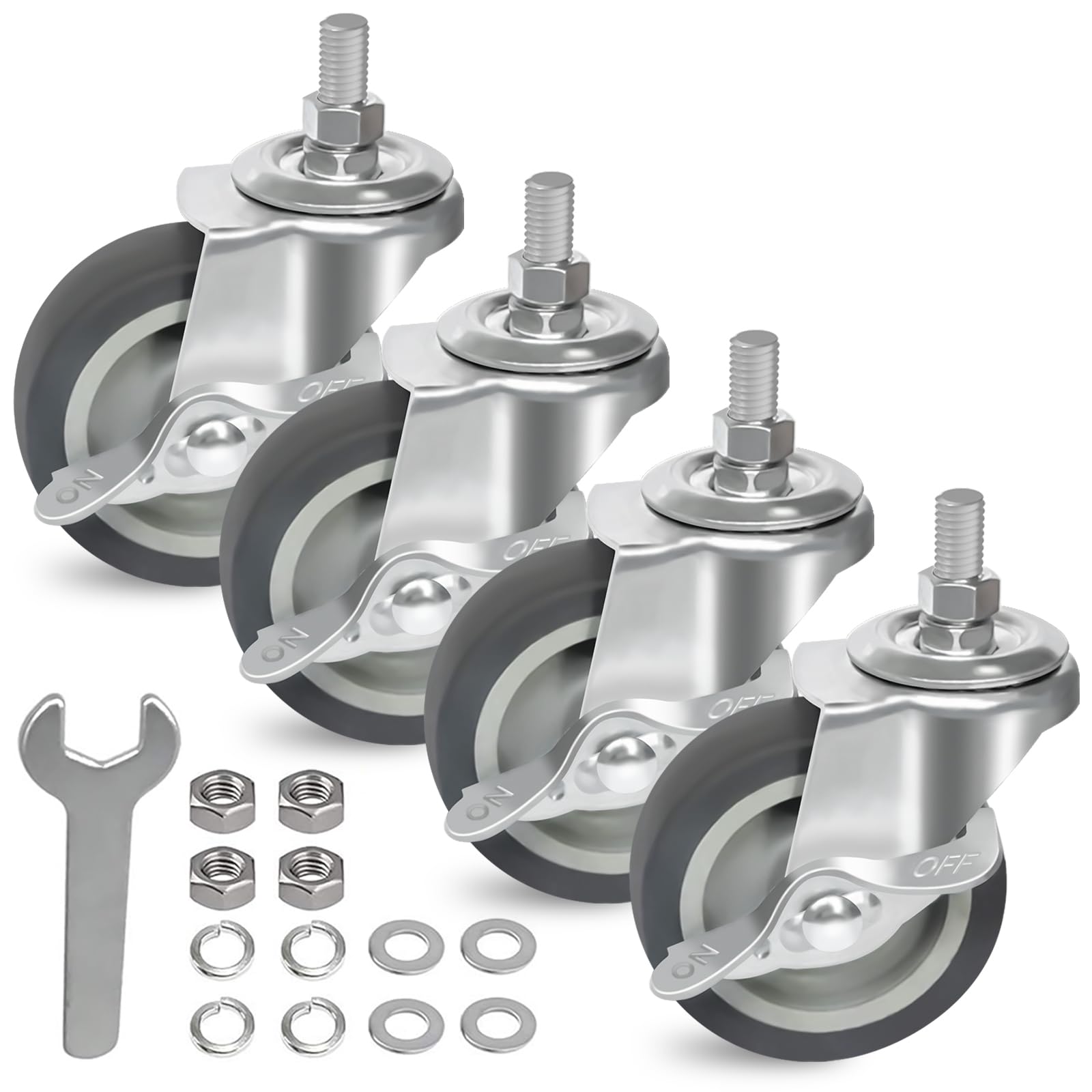 AAGUT set of 4 heavy-duty 3-inch locking casters with non-marking TPR rubber wheels, steel body, and dual-lock brake.