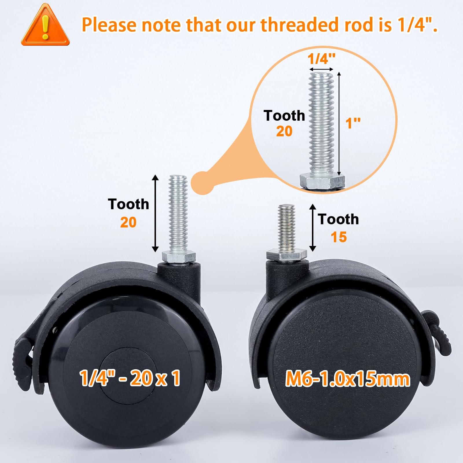 Detailed shot of the 1/4-inch-20 threaded stem, measuring 1 inch in length, on a black furniture caster