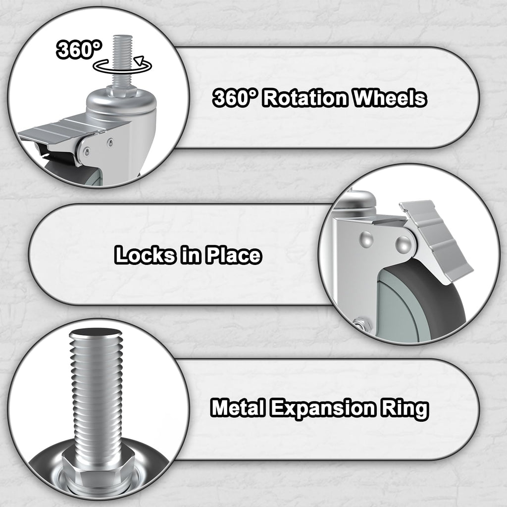 AAGUT Set of 4 Heavy-Duty 5-Inch Brake Stem Casters with 1/2"-13 Threaded Stem and Locking Nut