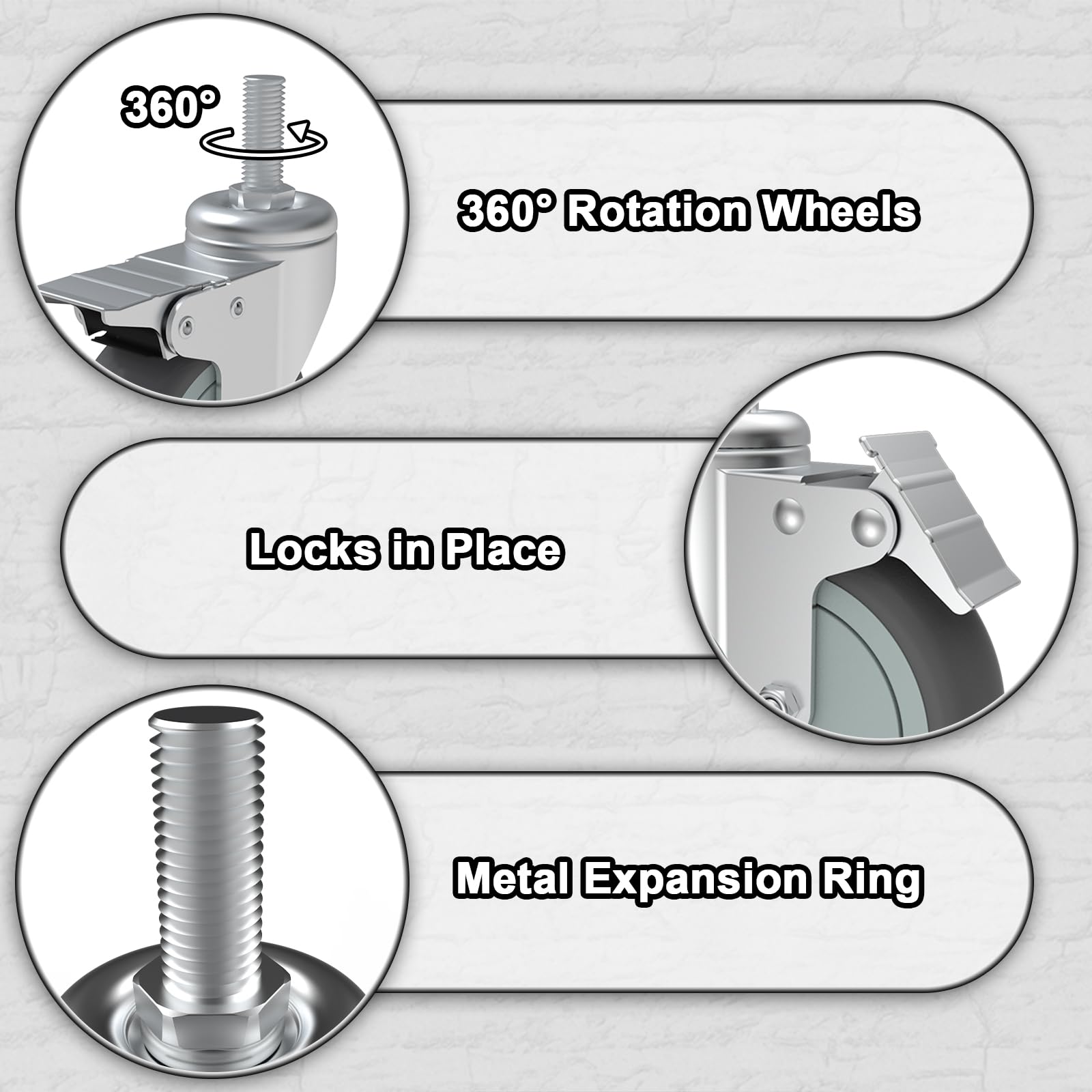 AAGUT Set of 4 Heavy-Duty 5-Inch Brake Stem Casters with 1/2"-13 Threaded Stem and Locking Nut