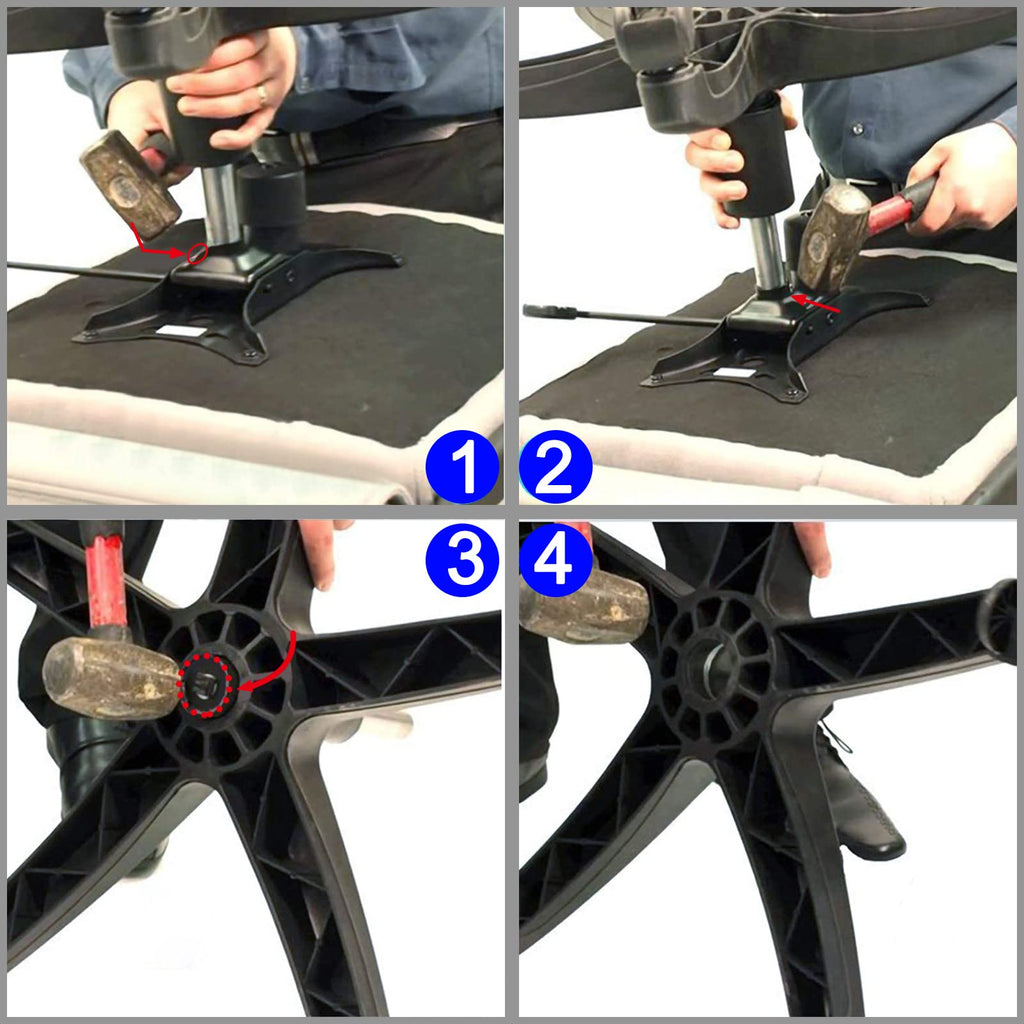 Illustration showing how to remove an old office chair cylinder by tapping with a rubber mallet for easy DIY replacement.