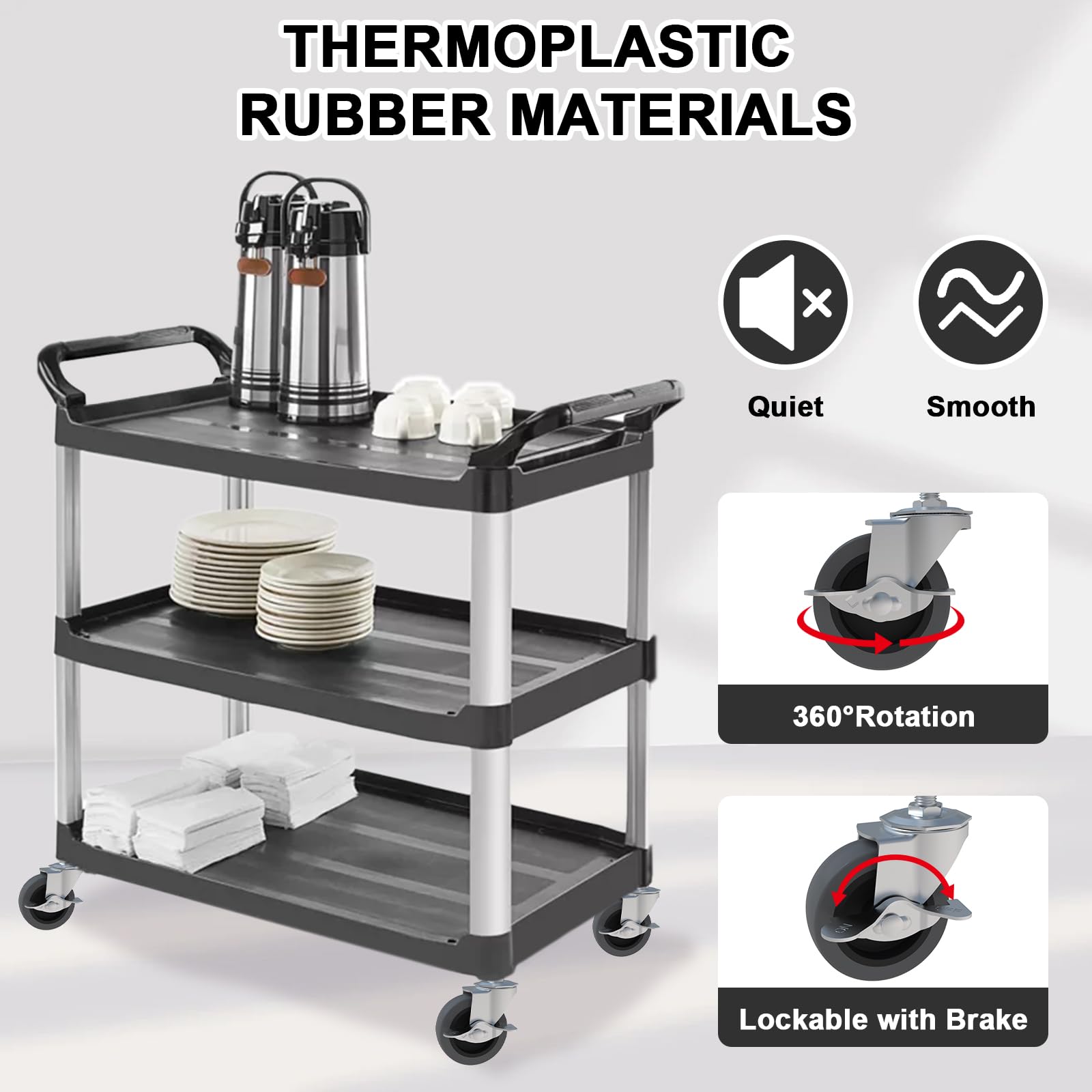 Black workbench or cart smoothly gliding on concrete floor using four AAGUT gray rubber swivel casters.