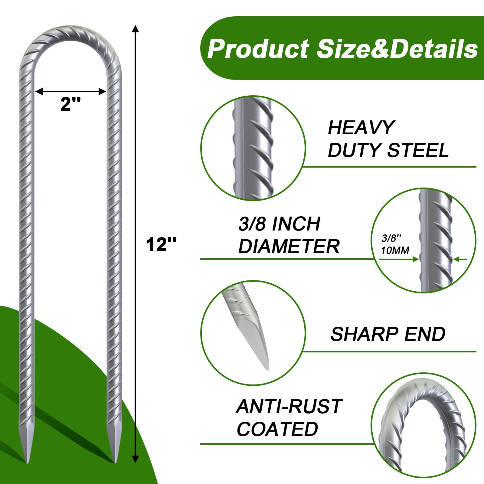 AAGUT 12-Inch Galvanized U-Shaped Trampoline Anchor Stakes - 6 Pack Kit