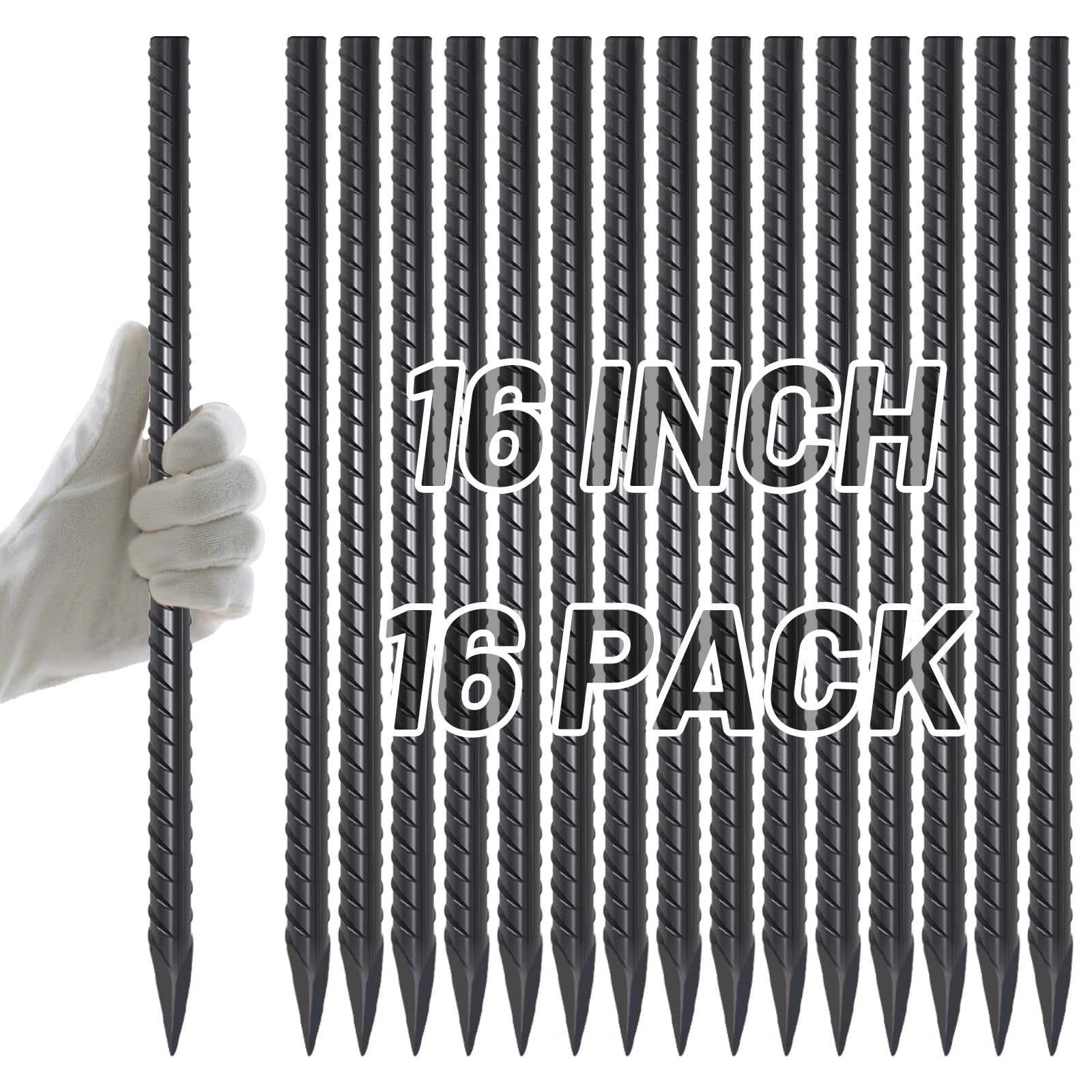 AAGUT 16-Inch 3/8" Straight Rebar Stakes | Heavy-Duty Black Coated Ground Spikes