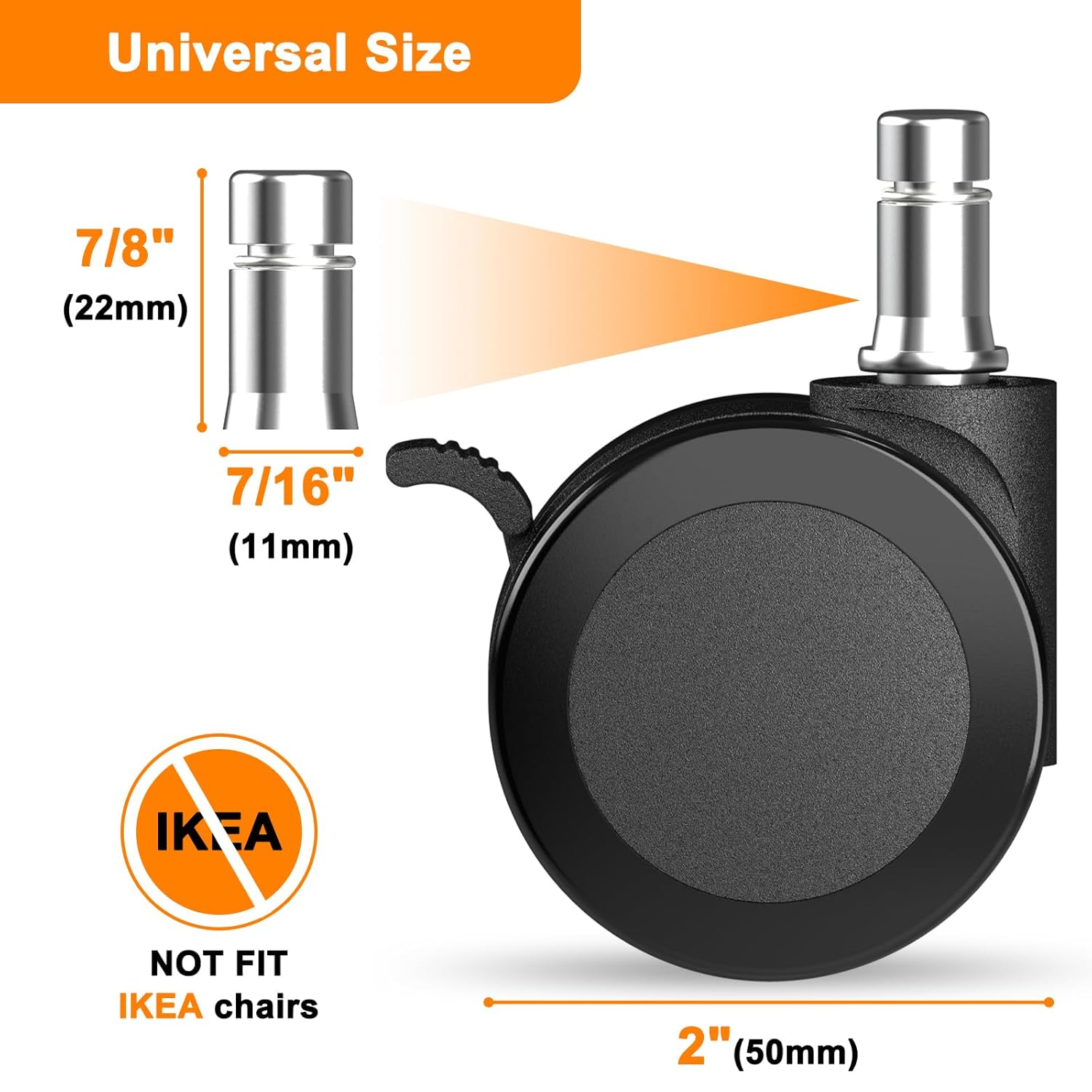 AAGUT 5-Pack of 2 Inch Black Office Chair Wheels with Brakes for Carpet Protection