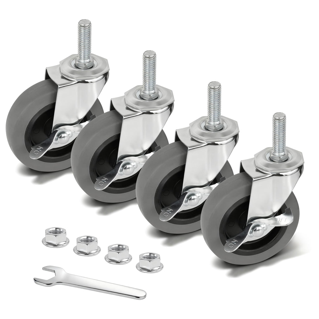 AAGUT set of 4 heavy-duty swivel caster wheels with threaded stems and locking brakes, arranged with included nuts and wrench.