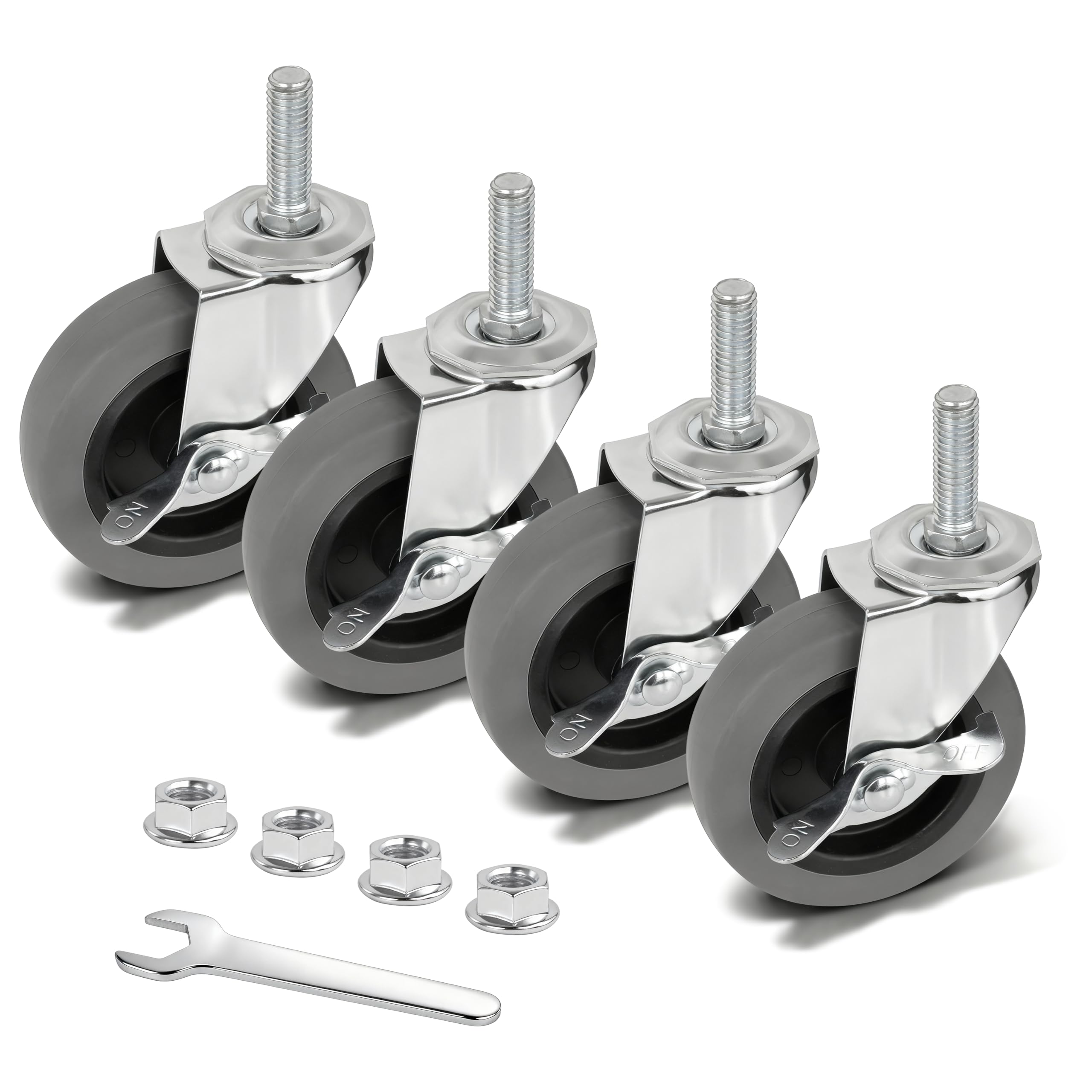 AAGUT set of 4 heavy-duty swivel caster wheels with threaded stems and locking brakes, arranged with included nuts and wrench.