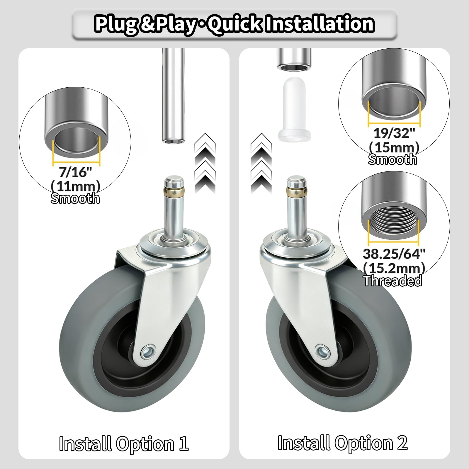 Set of four AAGUT 4-inch TPR caster wheels with 7/16-inch grip-ring stems and white plastic sockets, perfect for easy replacement.