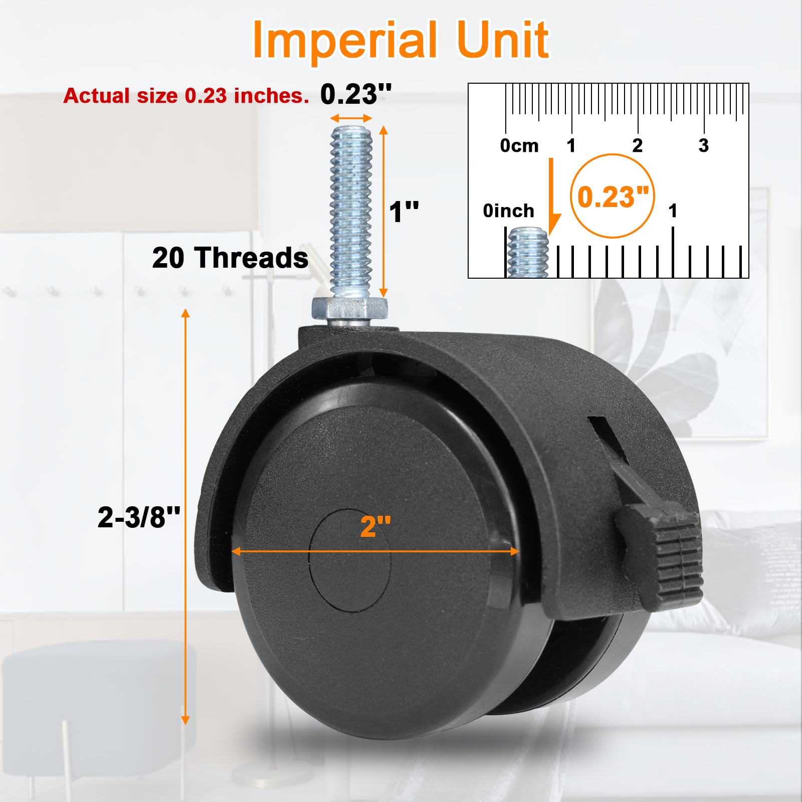 Detailed shot of the 1/4-inch-20 threaded stem, measuring 1 inch in length, on a black furniture caster