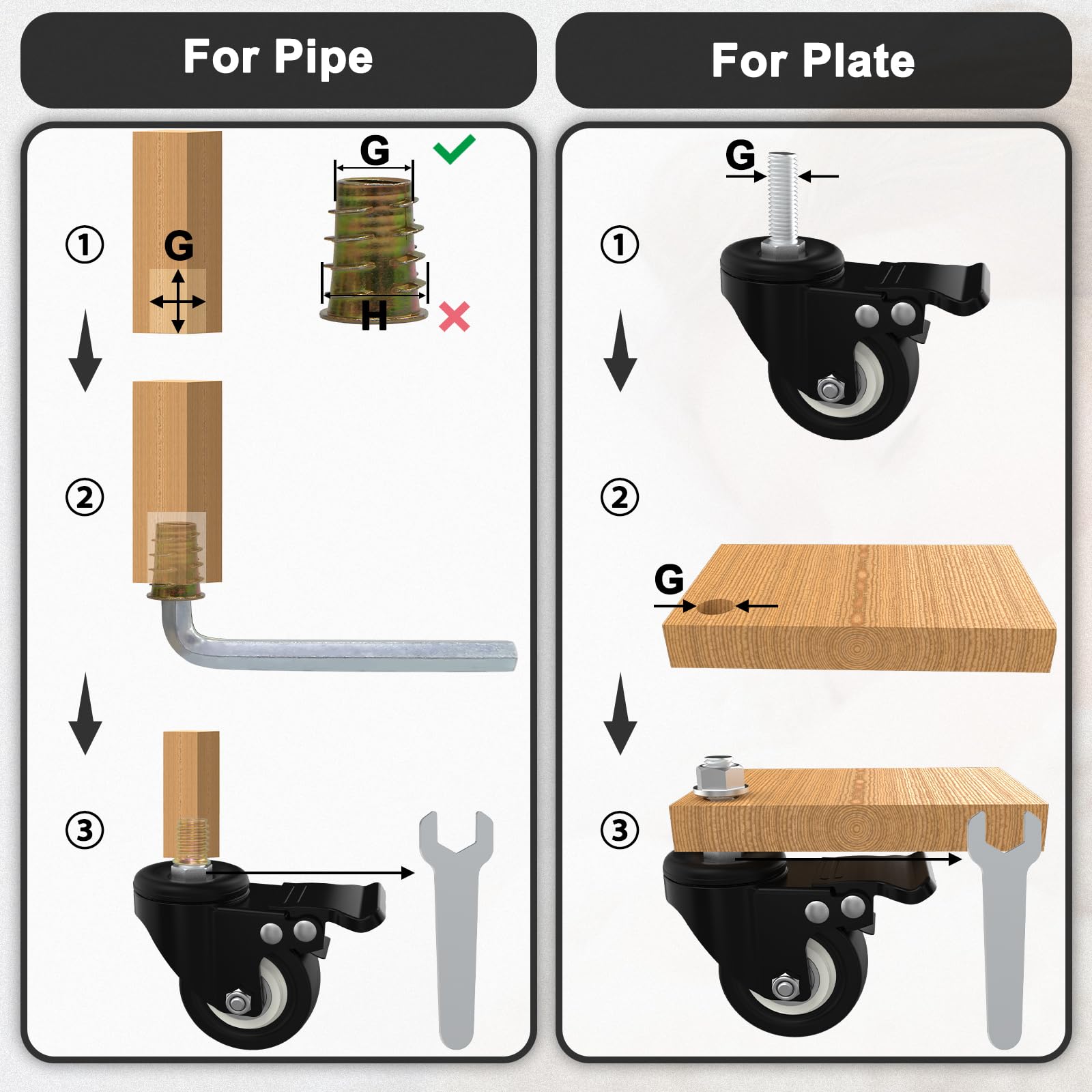 AAGUT 2-Inch Black PU Wheel Threaded Stem Caster with Double Brake