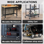 Black workbench or cart smoothly gliding on concrete floor using four AAGUT gray rubber swivel casters.