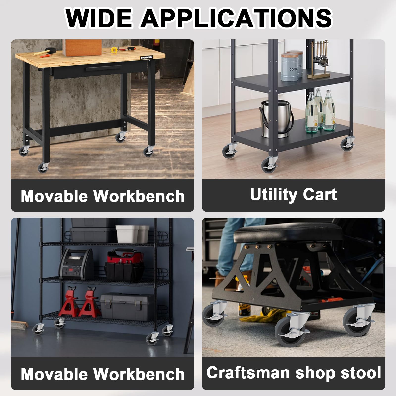 Black workbench or cart smoothly gliding on concrete floor using four AAGUT gray rubber swivel casters.