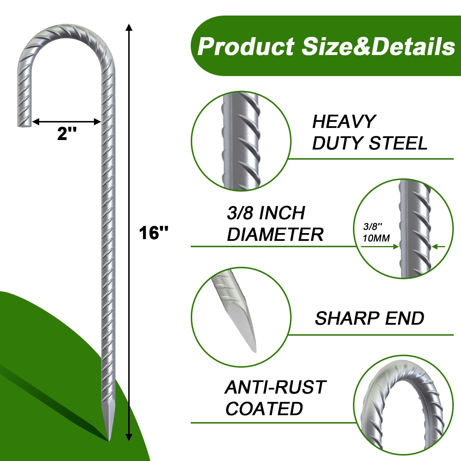 AAGUT 16-Inch Galvanized J-Hook Rebar Stake - 8 Pack