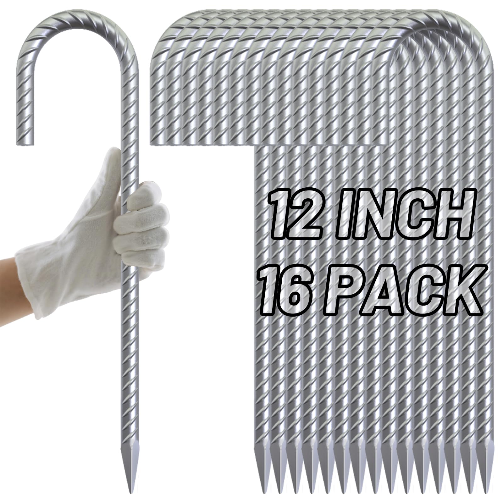 AAGUT 12-Inch J-Hook Rebar Stake, 3/8" Galvanized Heavy-Duty Ground Anchor