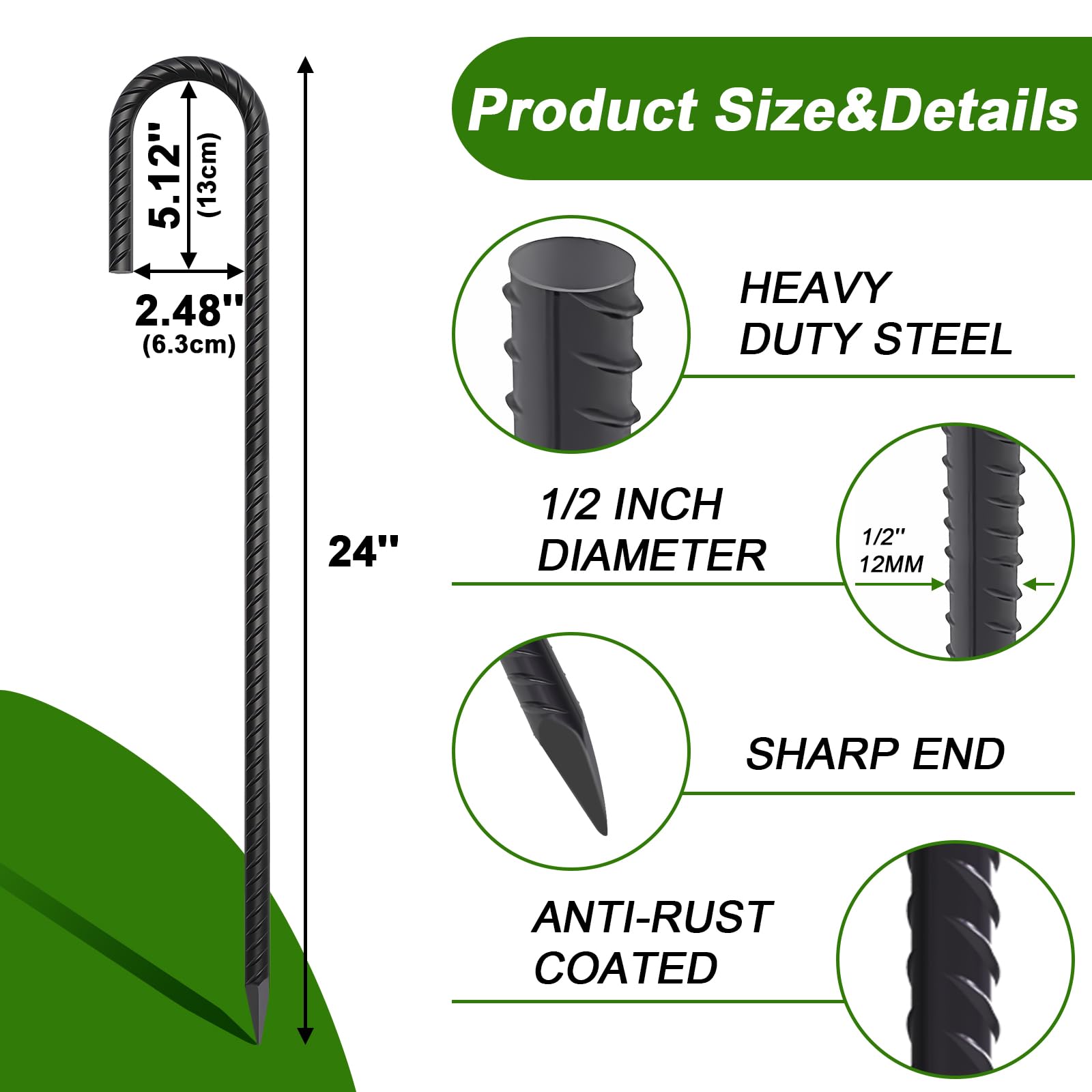 AAGUT 24-Inch Extra-Long Heavy-Duty J-Hook Rebar Stake with Black Coating