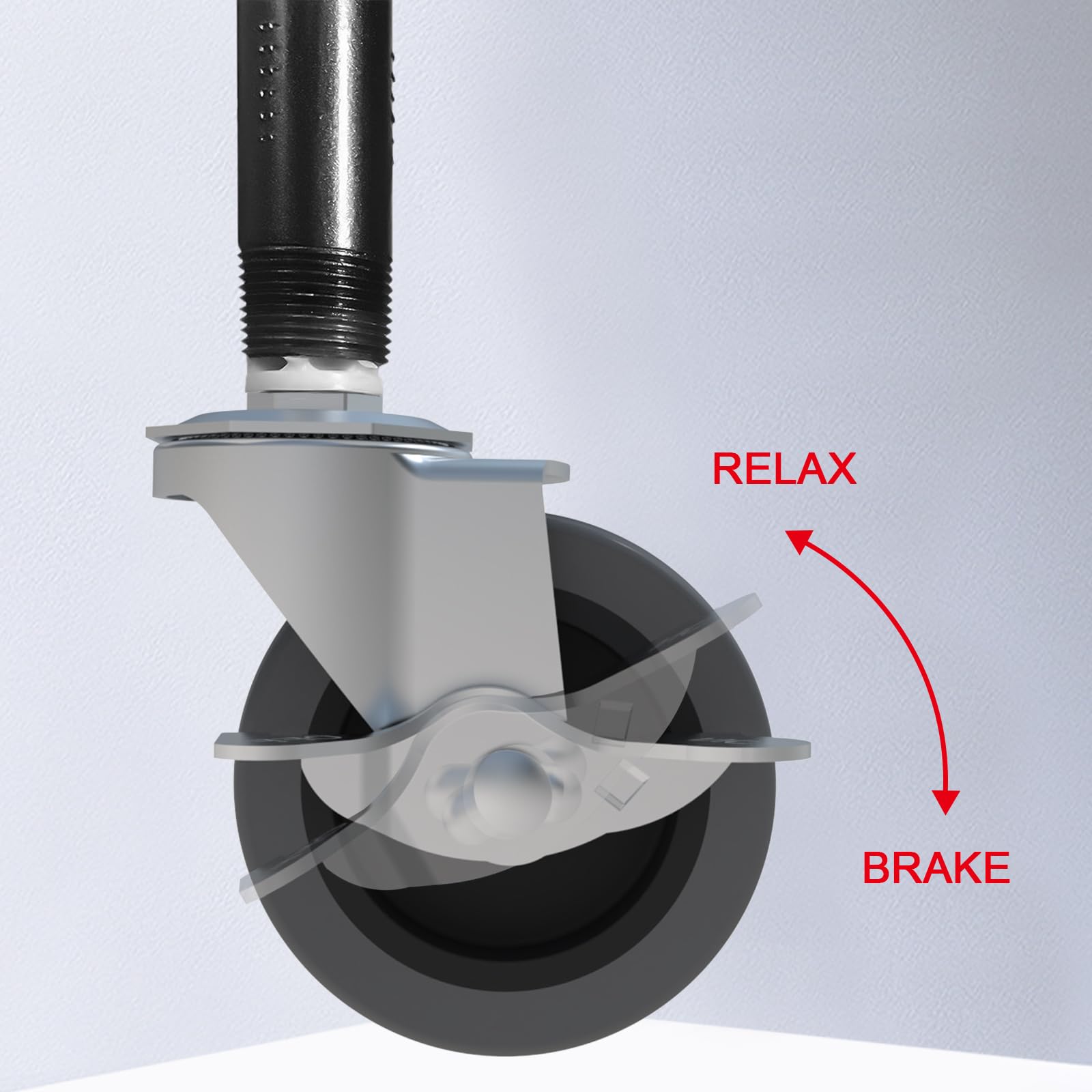Close-up of a AAGUT caster wheel showing the non-marking rubber tread and engaged dual locking brake mechanism.