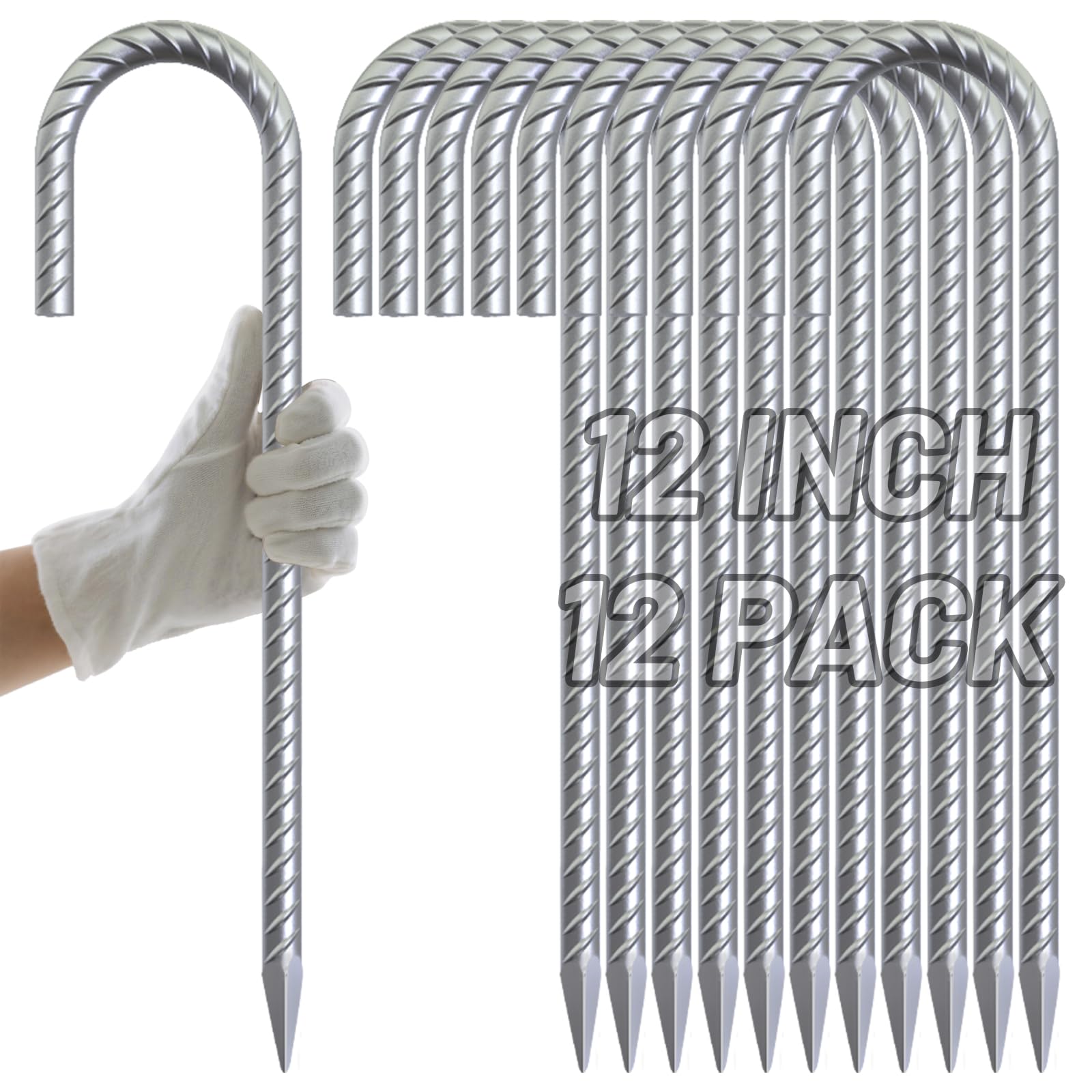AAGUT 12-Inch J-Hook Rebar Stake, 3/8" Galvanized Heavy-Duty Ground Anchor